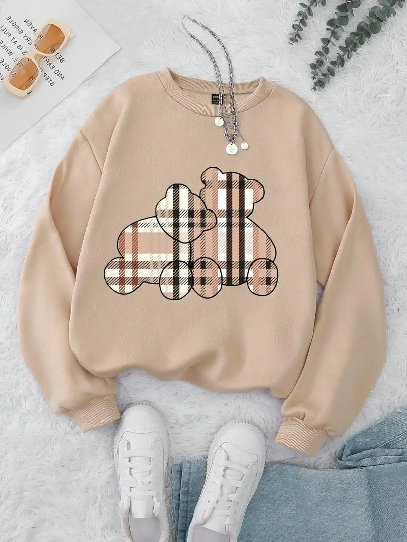 Casual Women Sweatshirts Teddy Bear Printing Hoodies Comfortable Fleece Soft Pullover Fashion Crewneck Loose Female Tops Clothes